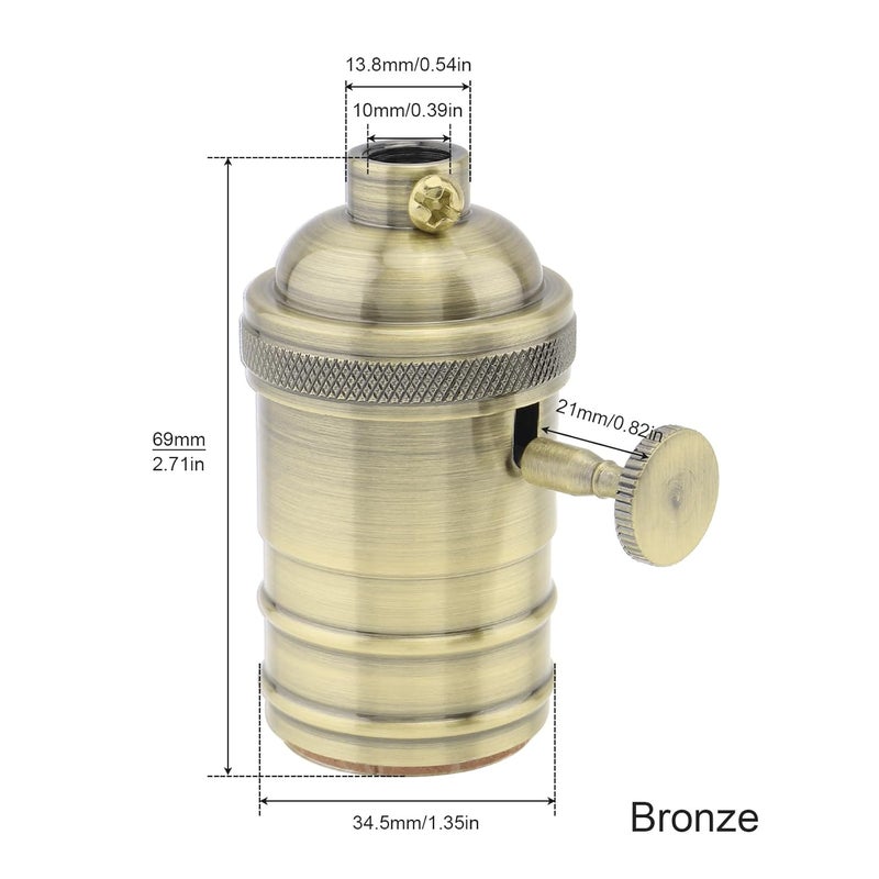 RTNLIT Antique Brass Lamp Socket, Vintage Edison E26/E27 Bulb Light Socket with On/Off Knob Switch(Bronze) - Image 2